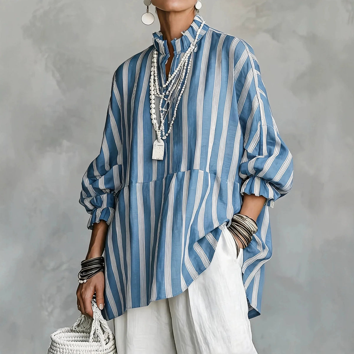 Women Stripes Print Blouse Autumn Casual Stand Collar Long Sleeve Top Simple Lady Blouses Streetwear Loose Harajuku...