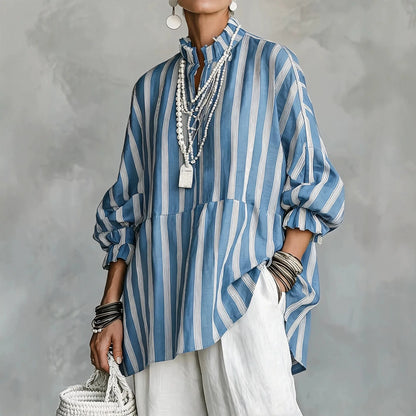 Women Stripes Print Blouse Autumn Casual Stand Collar Long Sleeve Top Simple Lady Blouses Streetwear Loose Harajuku...