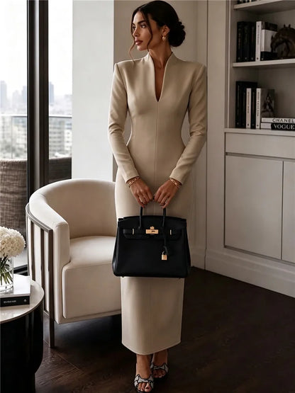 2026 Women's Fashion Evening Party Elegant Long Dress Solid V-Neck Long Sleeve Sheath Bodycon Maxi Dresses White Black Clothing