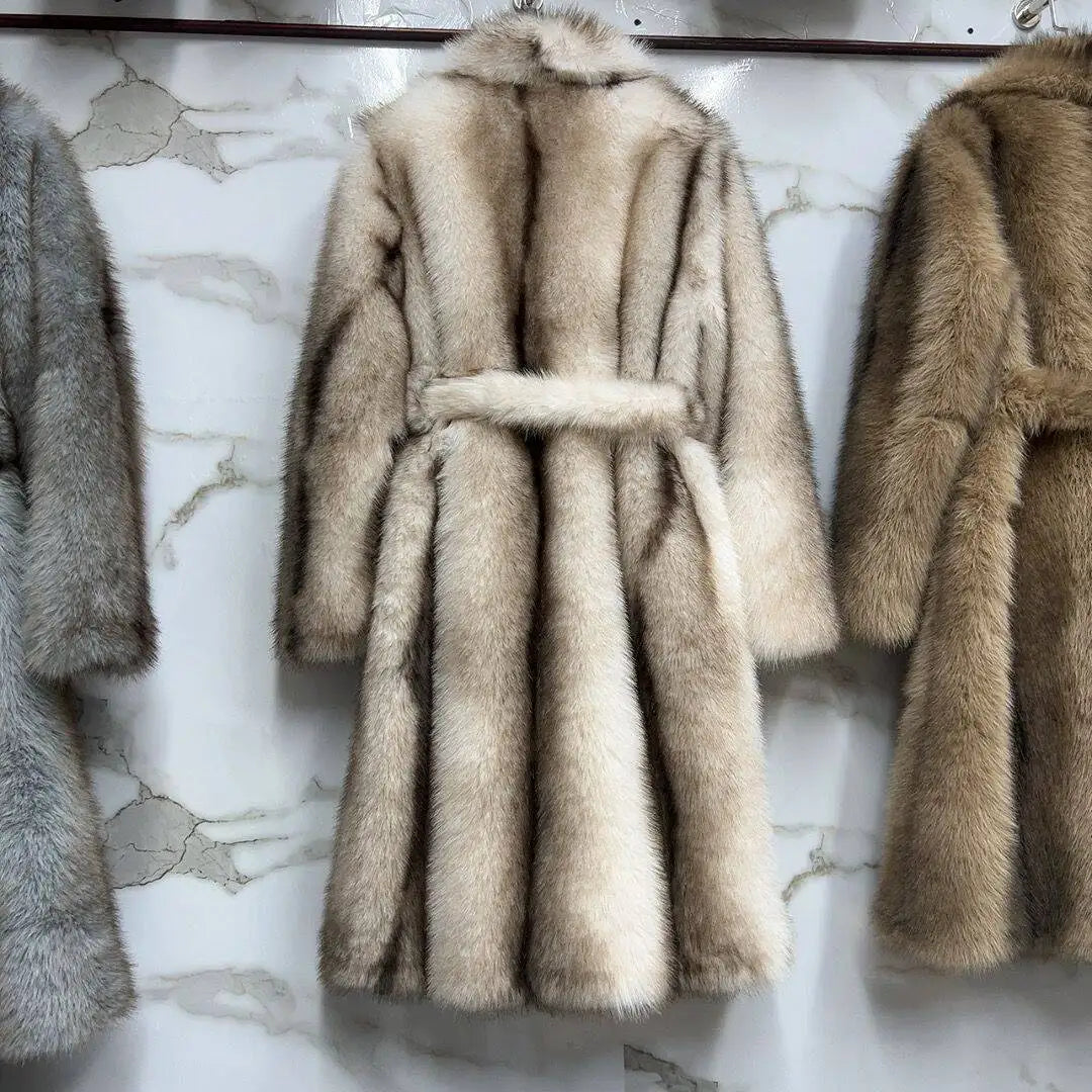 LHXDW New Style Women's Faux Fur Coat Long Waistband Design New Style with Black Imprint and Large Collar Faux Fur Jacket - Kimlud