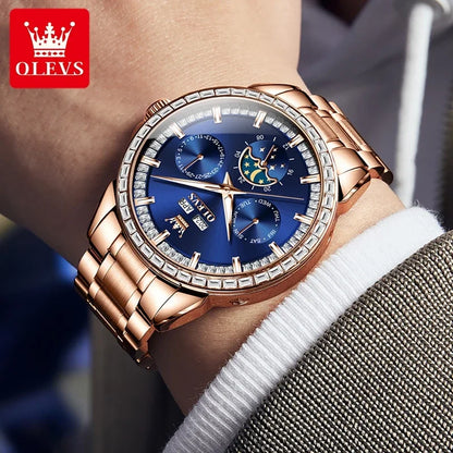 OLEVS 6695 NEW Men's Watches Full Multifunctional Dial Blue Leather Strap Calendar Week Moon Phase Waterproof Wristwatch...