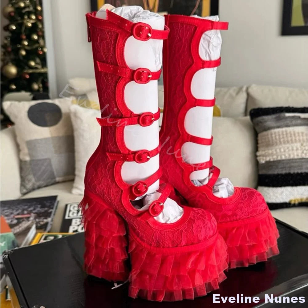 Red Lace Sweet Wedding Shoes Women Round Toe Chunky Heel Platform Chiffons Lolita Long Sandals 2025 New Sweet Hot Girl Sandals - Kimlud