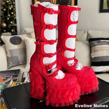 Red Lace Sweet Wedding Shoes Women Round Toe Chunky Heel Platform Chiffons Lolita Long Sandals 2025 New Sweet Hot Girl Sandals - Kimlud