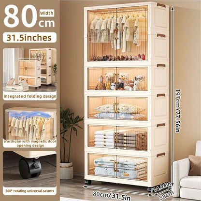 80cm no-installation folding storage cabinet, bedroom children's wardrobe, multi-layer storage box with wheels - Kimlud