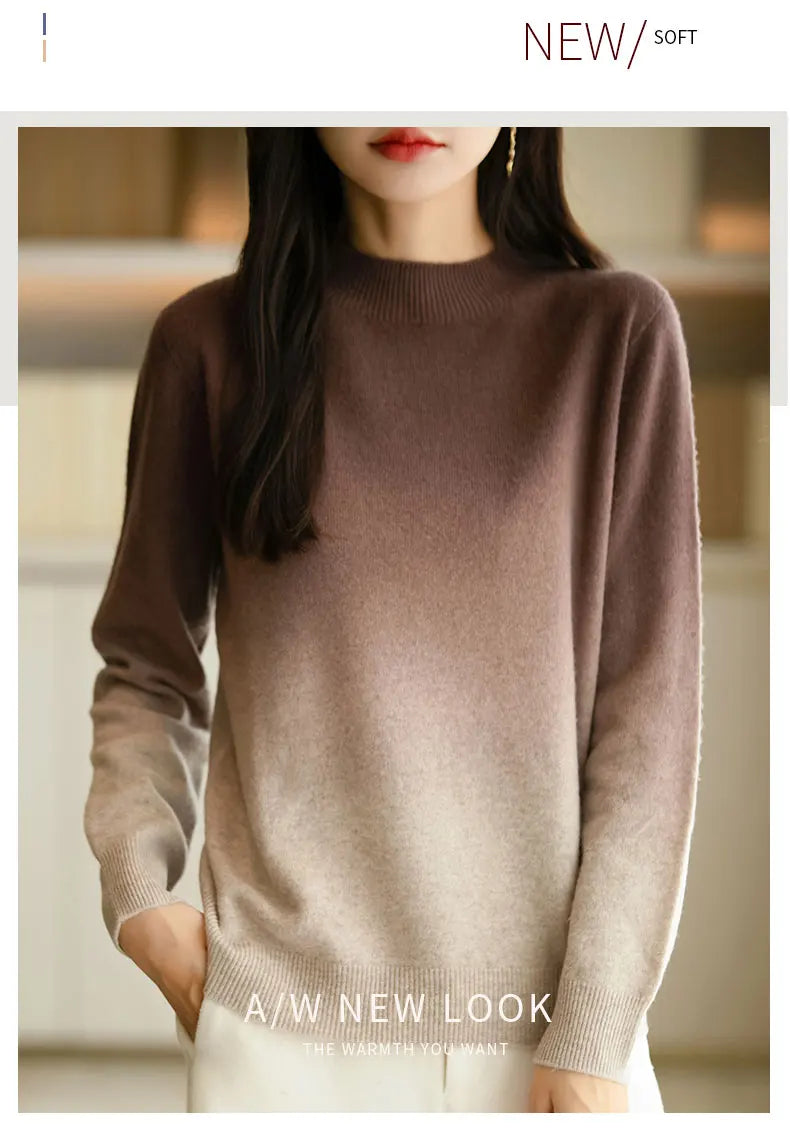 Women New Fine Wool Thickening Sweater Outwear Gradient Mock Collar Pullover Autumn Winter Bottoming Casual Warm Knitting Tops