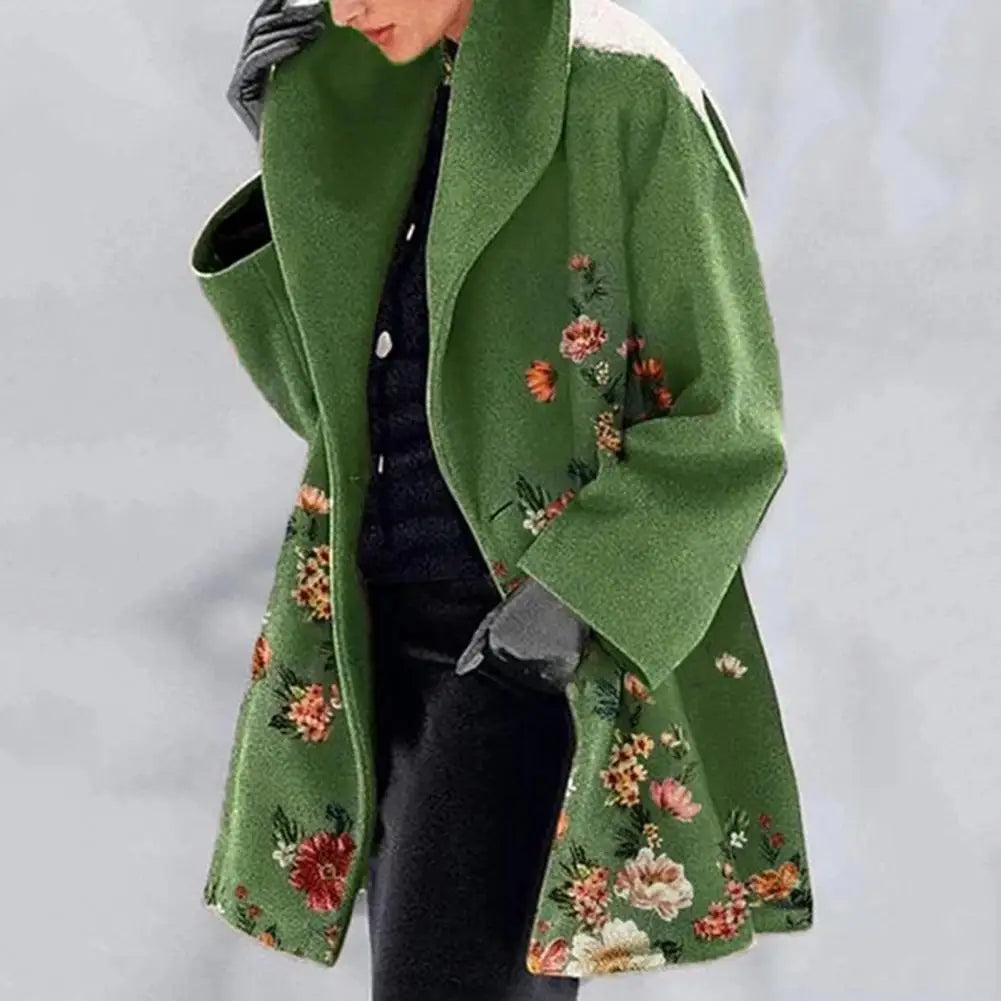 Spring Jacket Elegant Flower Print Women's Fall Winter Overcoat with Turn-down Collar Plus Size Mid Length Loose Thick Warm Long