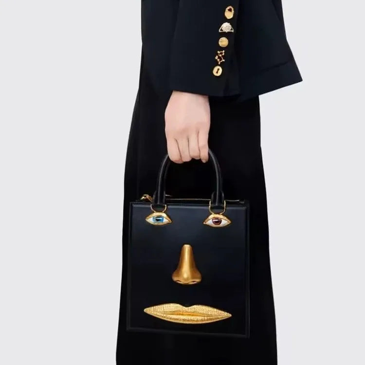 Face Bag Women High Quality Black Leather Luxury Brands Handbag Jewelry Eyes Gold-tone Metal Shoulder Strap Crossbody...