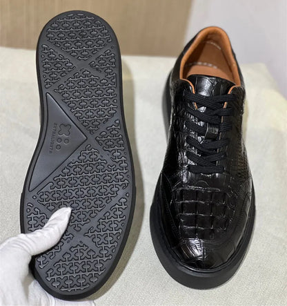 Authentic Crocodile Skin Clear Black Male Casual Platform Board Shoes Genuine Real Alligator Leather Men's Lace-up Walk Sneakers