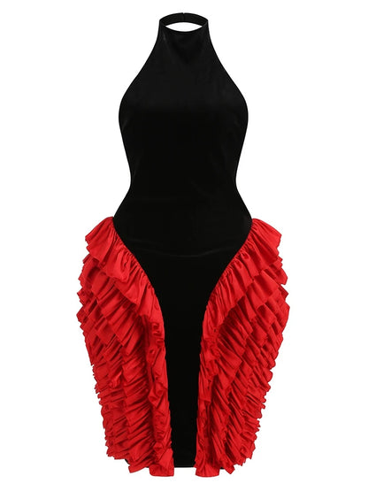 Sexy Sleeveless Halter Neck Ruffles Velvet Patchwork Midi Dress Women Black Red Ruched Bodycon Celebrity Evening Party...
