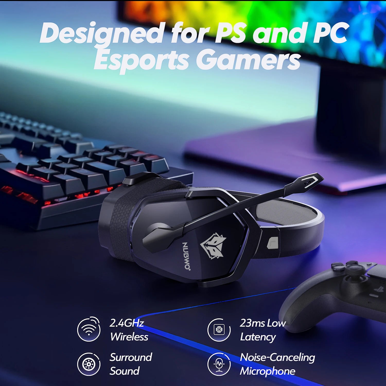 NUBWO G06 Wireless Headsets Gamer 2.4GHz Bluetooth 5.3 Gaming Headphones with Dual Microphone for PS5, PS4, PC, Mobile, Switch