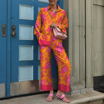 Autumn New Loose Vintage Printed Pant Sets Women Long Sleeve Shirts And Wide Legs Trousers Two Piece Set 2025 Fashion Streetwear