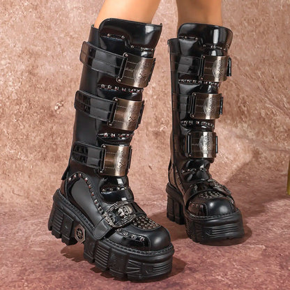 2025 WoMen's Thick-soled Premium Metal Dark Long Lightweight Rock Punk Mid-height Platform Chelsea Boots