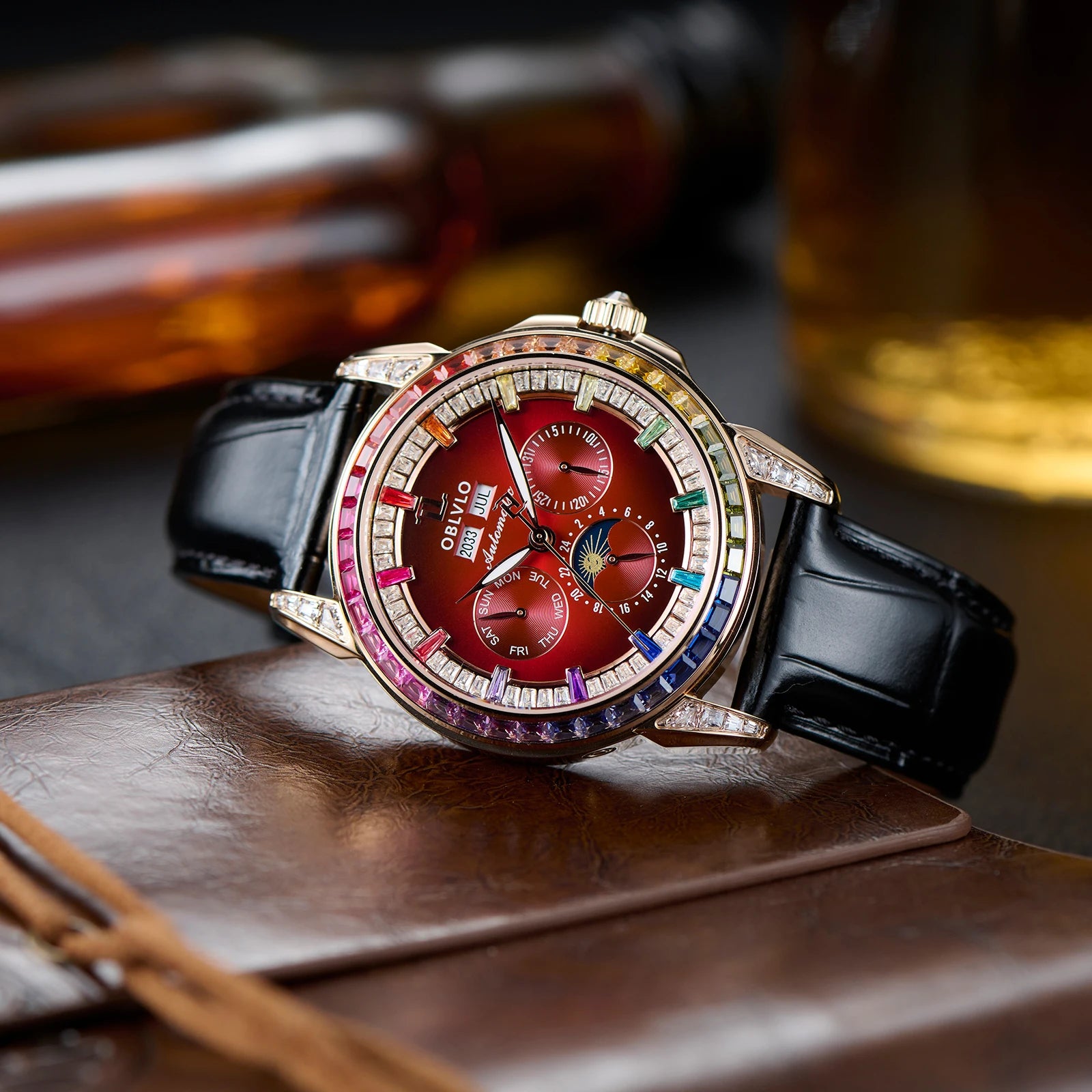 OBLVLO Men's Fashion Automatic Watch Colorful Zircon Moonphase Mechanical Multifunctional Black Leather Strap Timepiece...
