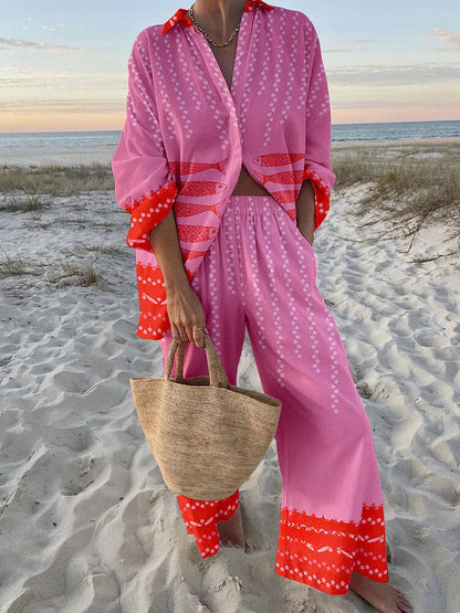 Boho Beach Holiday Print Shirt And Pants Two Pieces Sets Women Csaual Loose Long Sleeve Button Shirts Outfits Summer Pants Sets