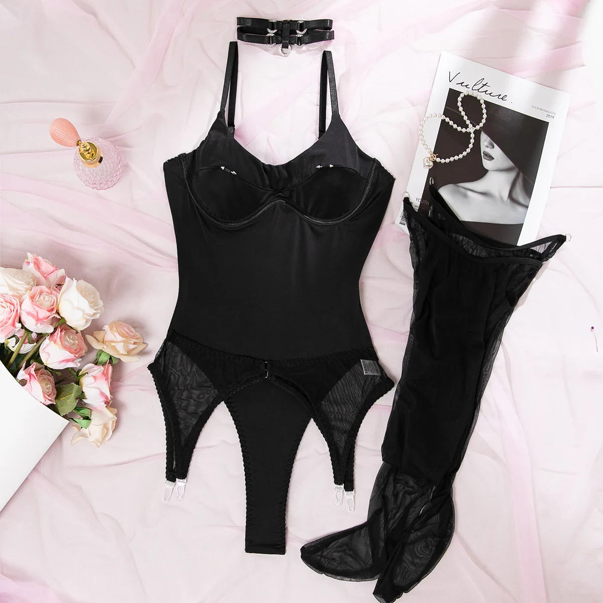 Ellolace Solid Women's Lingerie Sets Willowy Open Crotch Bodysuit 5PC Stunning Metal Decor Dance Party Stockings...
