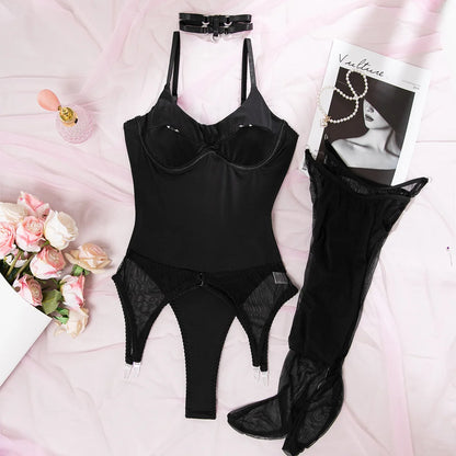 Ellolace Solid Women's Lingerie Sets Willowy Open Crotch Bodysuit 5PC Stunning Metal Decor Dance Party Stockings...
