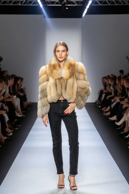 Women Genuine Natural Golden Island Fox Fur Coat with fox fur collar For Winter Fashion Short Jacket