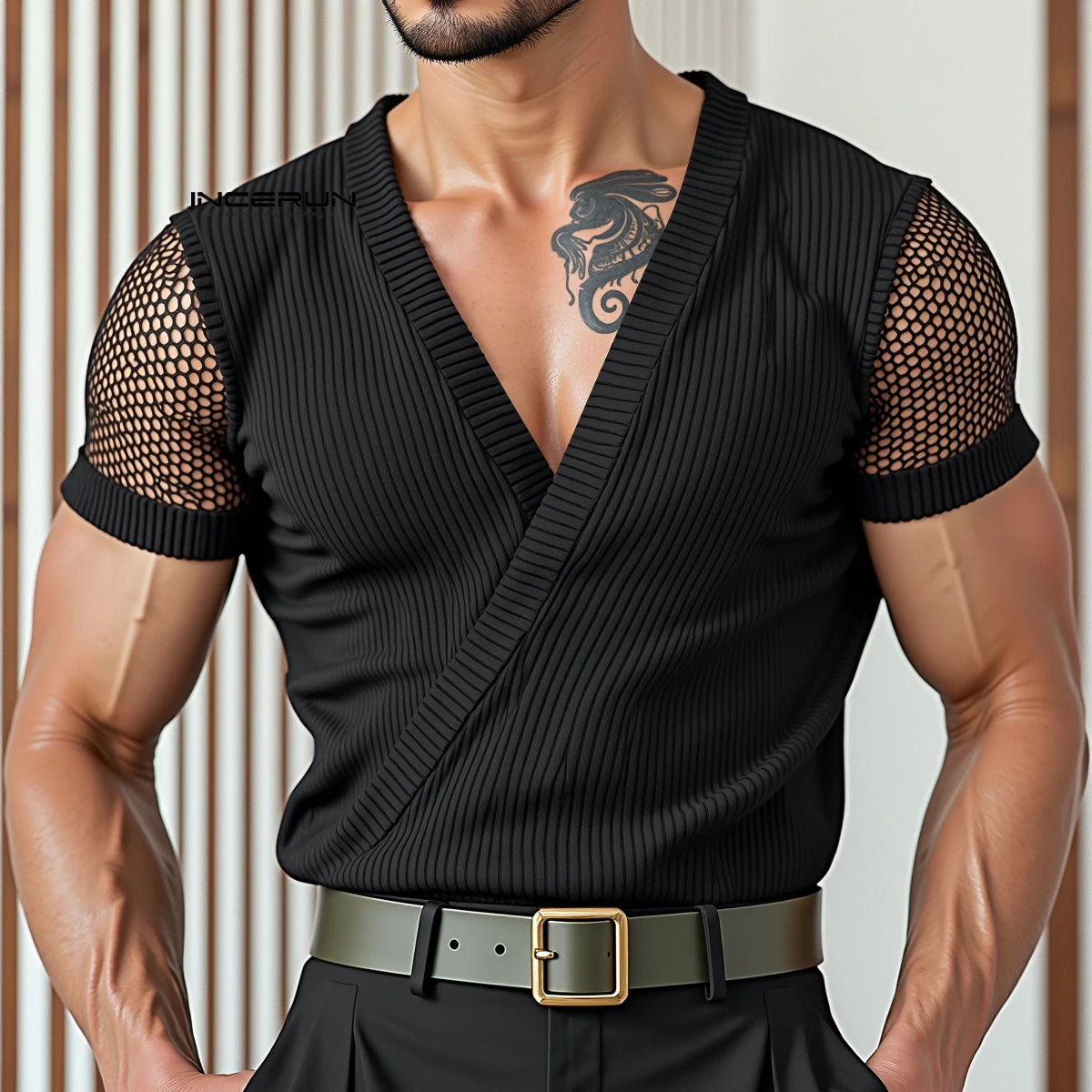 INCERUN Men T Shirt Mesh Patchwork V Neck Short Sleeve Male Tee Tops Summer Streetwear 2025 Fashion Casual Men Clothing S-5XL - Kimlud