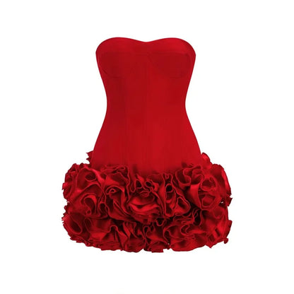 Stereoscopic Flowers Back Laceing Strapless Solid Bandage Mini Evening Dress Sweet Woman Birthday Party Patchwork Lace Up Dress