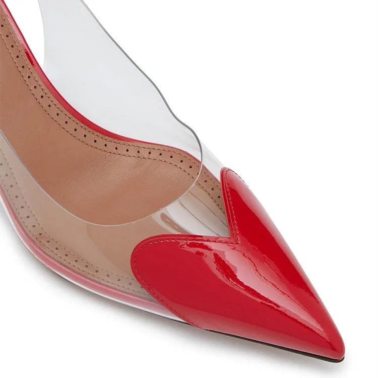 2025 New Pointy Peach Heart Fine Heel Shoes Sexy Pvc Transparent Film Black Patent Leather High Heel Overhead Sandals