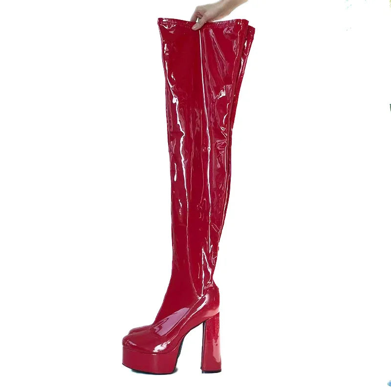 Rontic Handmade Women Spring Crotch Boots Stretch Patent Chunky Heels Round Toe Elegant Black Burgundy Club Shoes US...