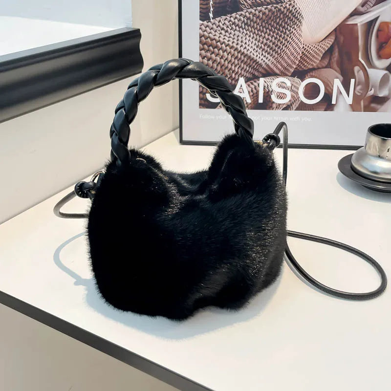Fluffy Texture Vwrastile Crossbody Bag Women Winter Fashion Furry Bucket Bag with Braided Leisure Handle Shoulder Storage Bags