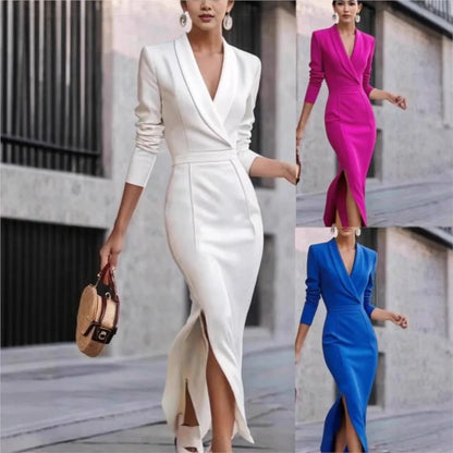 Autumn Winter New Fashionable Green Fruit Collar Slim Fit Long Dress Solid Color Waist Cinched Hem Slit Long Sleeved Dress Women