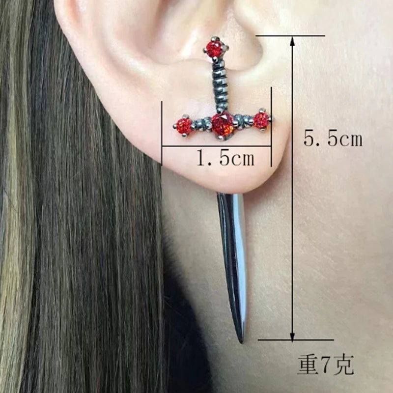 Kiss Jewelry Punk Sword Gothic Kinitial Piercing Earrings for Woman Men Gothic Crystal Ear Jacket Stud Earrings Jewelry - Kimlud