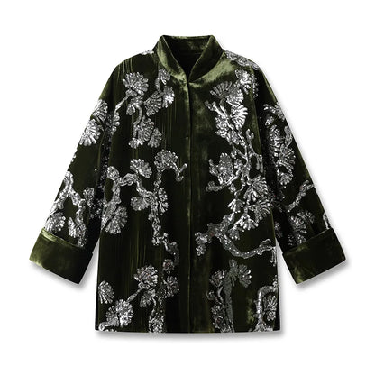 Spring and Autumn New Chinese Style Stand Collar Velvet Hidden Button Coat Elegant Flower Branch +Sparkling Jacquard Jacket S-L