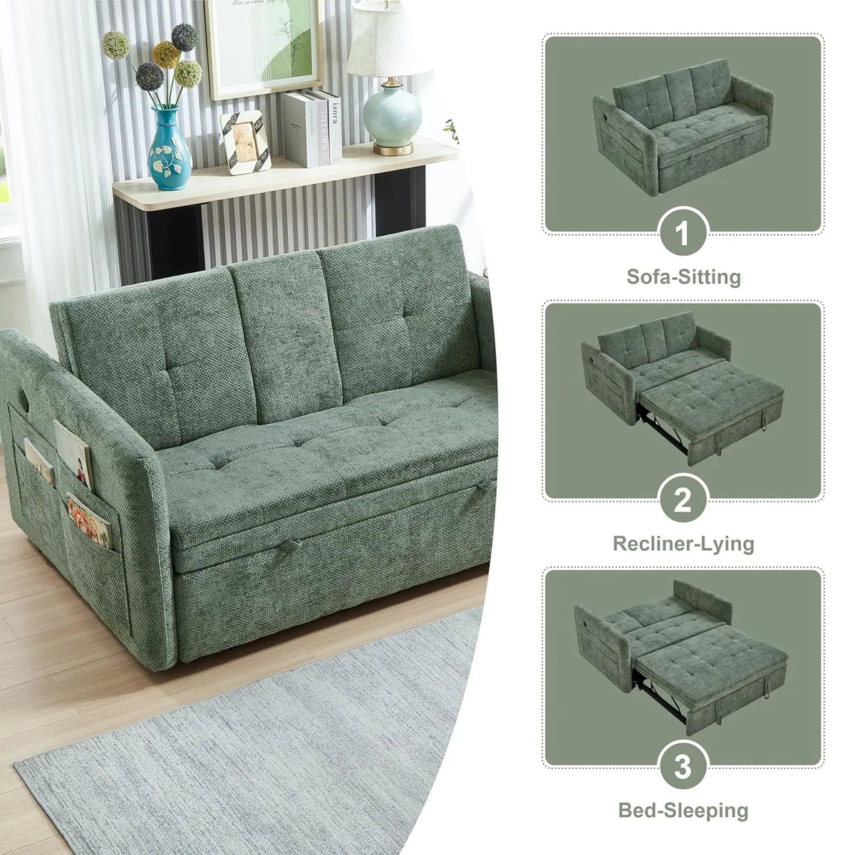 57.48" Convertible Sofa Bed with Cup Holder, Pull Out Sleeper Sofa Bed with USB Charging Ports, 3 in 1 Convertible, Customized
