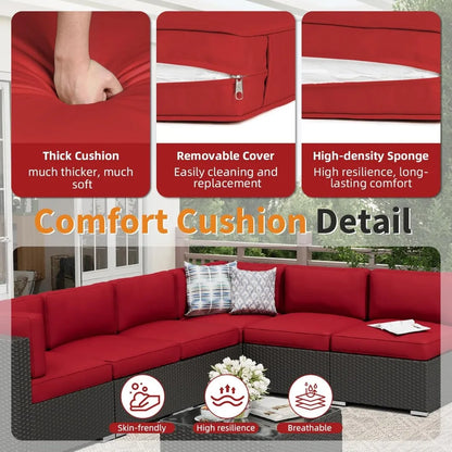 7-Piece Outdoor Patio Furniture Sofa Set Black Rattan Wicker Sectional Conversation Sets with Glass Top Table and Cushions(Red)