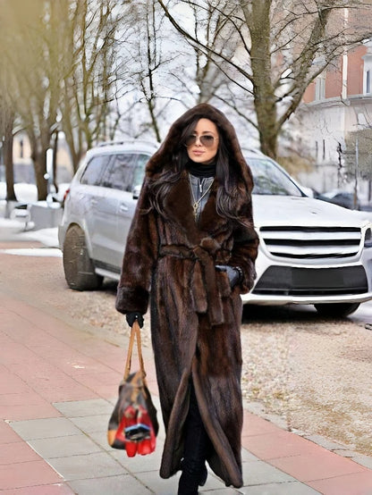 Women's Dark Brown Faux Mink Fur Hooded Coat 2025 Winter Long Length Belted Warm Luxury Jacket for Daily Party...
