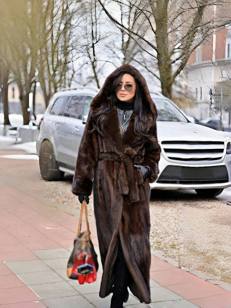 Women's Dark Brown Faux Mink Fur Hooded Coat 2025 Winter Long Length Belted Warm Luxury Jacket for Daily Party...