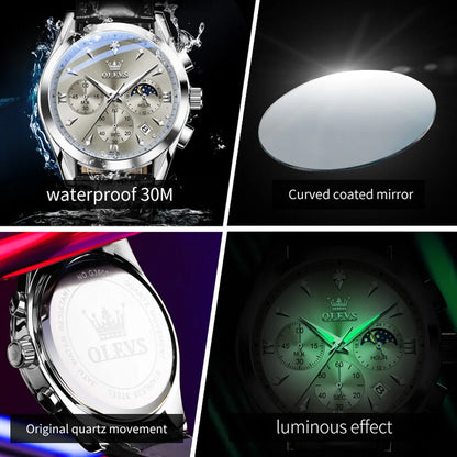 OLEVS Luxury Men's Watches Leather Strap Waterproof Luminous Chronograph Moon Phase Man Watch Top Original Quartz Watch for Men