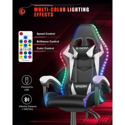 Ergonomic High-Back Gaming Chair with RGB Lighting, Reclining Seat for Adults and Kids, Lumbar and Headrest Support (Black/White