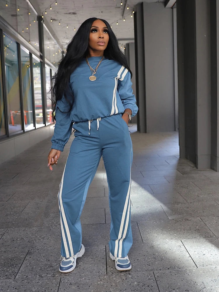 Sweatsuits for Woman 2025 Fall Sports Fashion Color Block Stripe Full Sleeve Sweatshirt and Drawstring Long Pants 2...