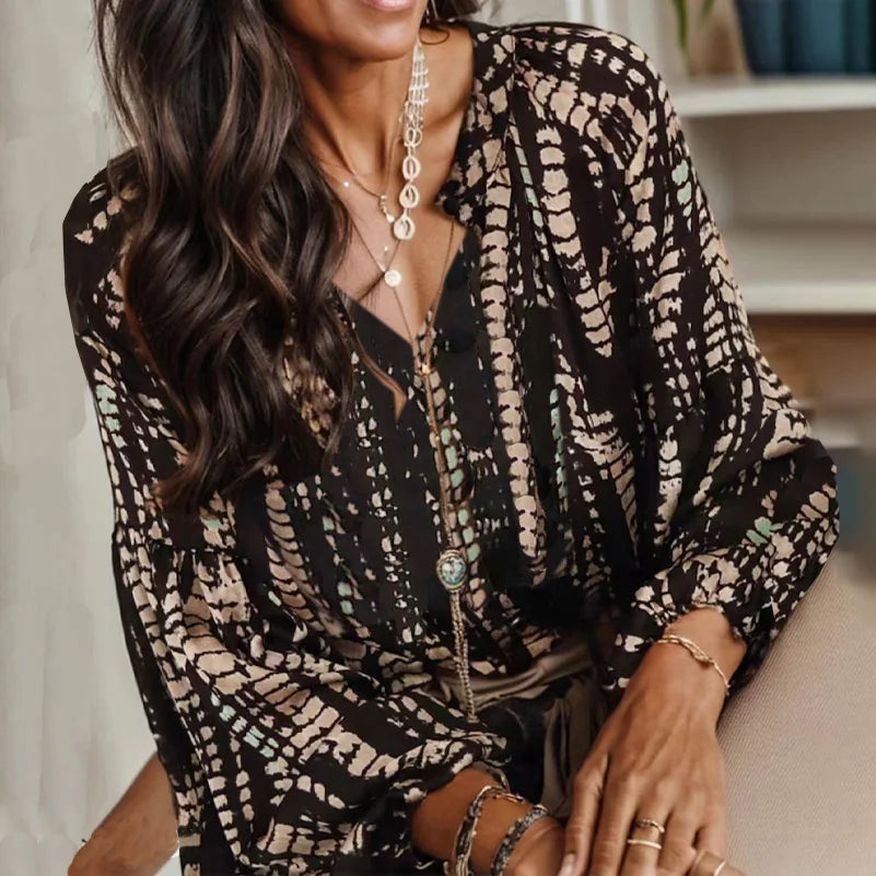 Plus Size Women's Shirt, Stripesd Printed V-Neck Long-Sleeved Top, Casual Resort Style Shirt, Soft Fabric, Loose Cutting