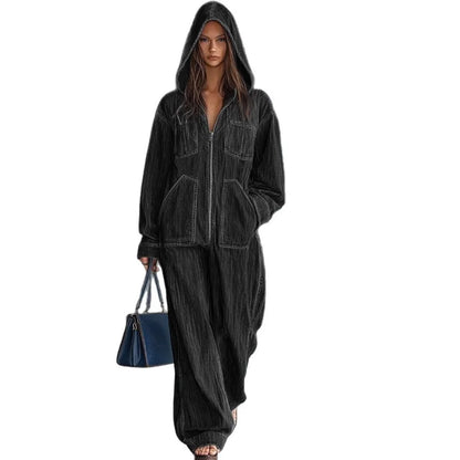 Autumn Winter Hooded Jumpsuits for Women Hoodie Long Sleeve Zip Loose Pocket Wide Leg Trousers One Piece Romper Vintage...