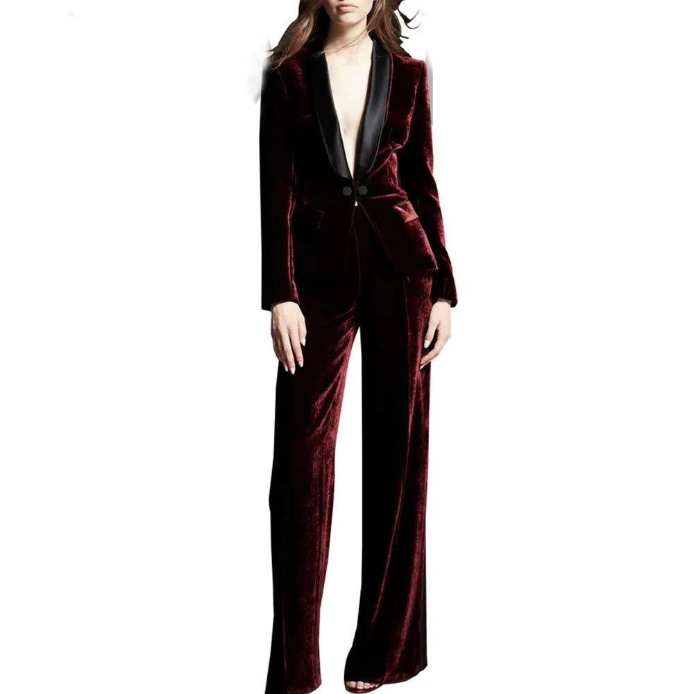 Burgundy Velvet Women's suit 2 Pcs Shawl Lapel Blazer+Pants Velour Prom Suit Wedding Tuxedos Pant Sets