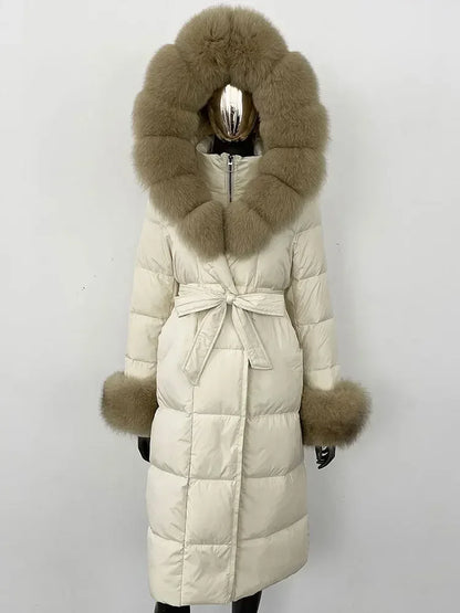 CXFS New Real Raccoon Fox Fur Collar Hooded Natural Long Winter Jacket Women 90 White Duck Down Coat Thick Warm Casual Outerwear