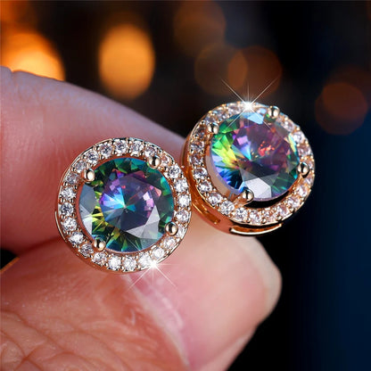 Cute Female Multicolor Pink Black Zircon Round Stone Stud Earrings Gold Color Wedding Jewelry For Women | Kimlud Mid...