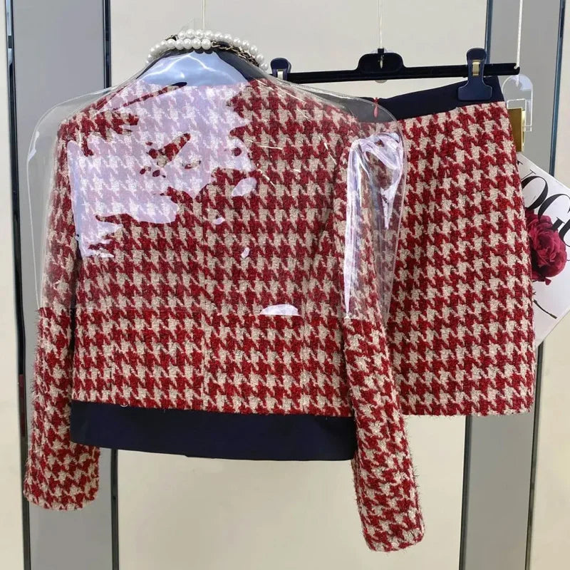 Women Elegant Chic Vintage Tweed Fragrant Suit Jacke Coat Top And Skirt 2 Piece Set Outfit 2023 New Winter Jacquard Party Cloth