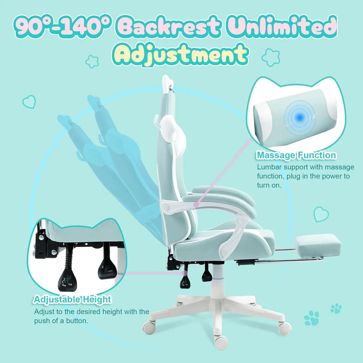 Cute Cat Ear Gaming Chair with Massage Lumbar Support, Ergonomic Reclining Computer Chair for Girls and Adults, Blue...