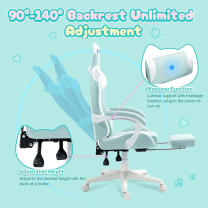 Cute Cat Ear Gaming Chair with Massage Lumbar Support, Ergonomic Reclining Computer Chair for Girls and Adults, Blue...