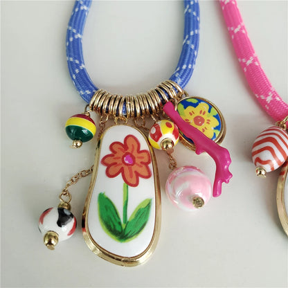 Colorful Dopamine Pink Blue Cord Choker Necklace Women Indian Boho Ethnic Statement Enamel Flower Pendant Necklace lady...