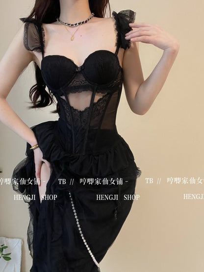 WOMENGAGA Fairy Lace Mesh Sexy Black Mini Tank Summer Beach Dress Elegant Ruffles Tops Autumn Sweet Korean Women 2022 CP8L