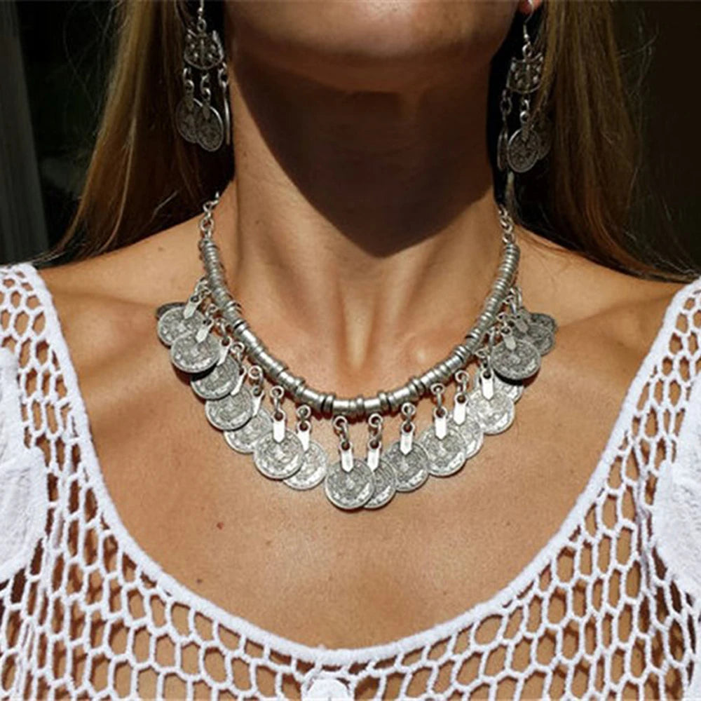 Afghan Turkey Coins Necklace Earrings for Women Vintage Boho Ethnic IndianTribal Bride Choker Statement Necklaces...