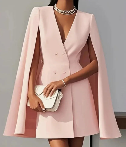 Women Dresses 2025 Spring Autumn New Commuting Double Breasted Shawl Cape Solid Color V-Neck Mini Dress Fashion Women's Clothing - Kimlud