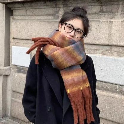 New Warm Winter Cashmere Scarf Stripe Pattern Mohair Long Tassel Scarves Plaid Soft Thickened Shawl Wrap Women | Kimlud...