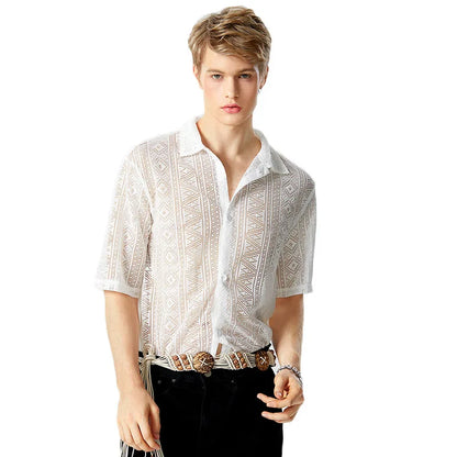 2023 Fashion Men Shirt Mesh Lace Transparent Streetwear Lapel Short Sleeve Button Camisas Party Sexy Men Clothing S-5XL...